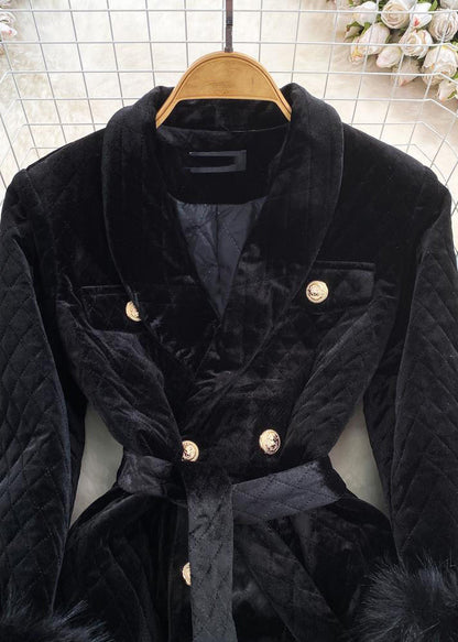 Stylish Black Notched Button Warm Silk Velvet Jacket Winter