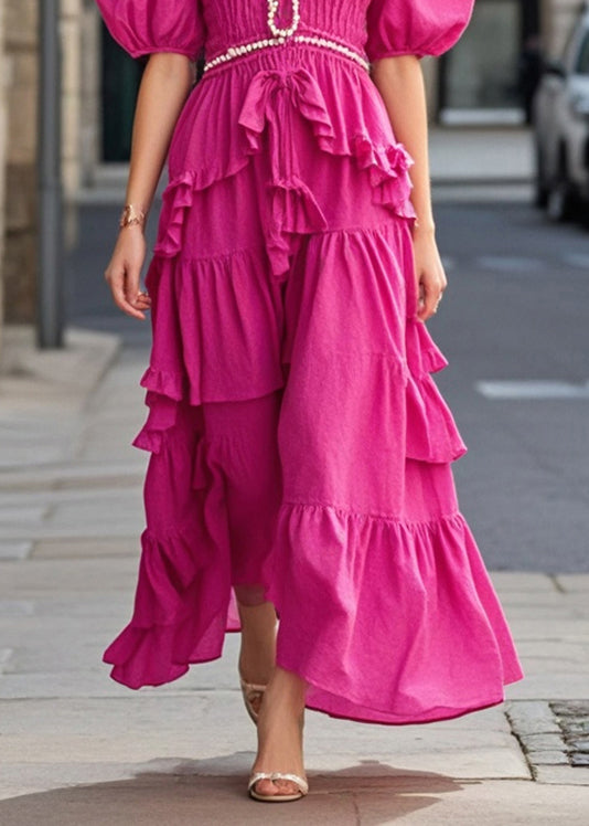 Rose Puff Sleeve Wrinkled Cotton Long Dresses