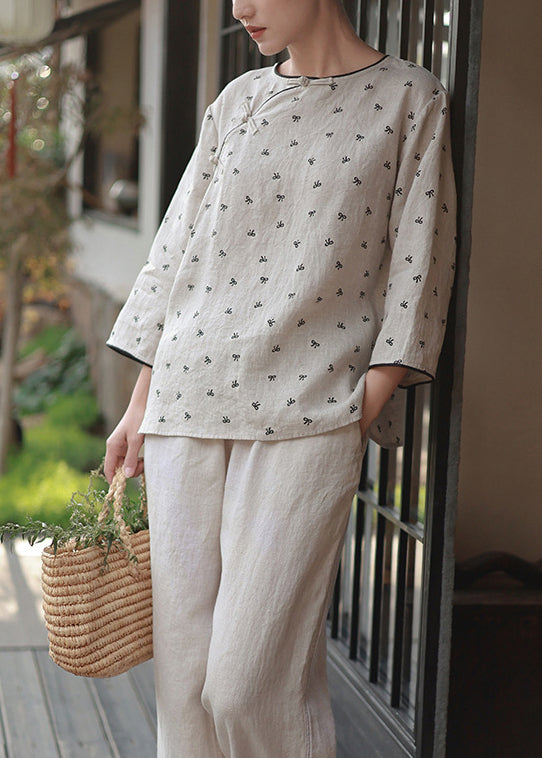 New O Neck Print Chinese Button Linen Blouses Spring