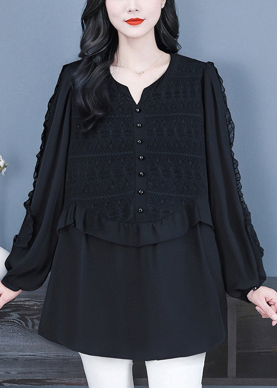 Fine Black Ruffled Patchwork Lace Shirts Fall