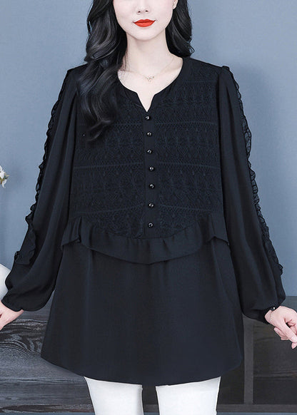 Fine Black Ruffled Patchwork Lace Shirts Fall