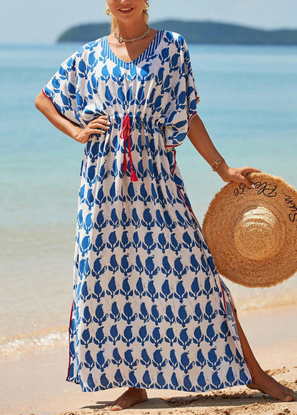 Blue O Neck Print Drawstring Side Open Cotton Dress Batwing Sleeve
