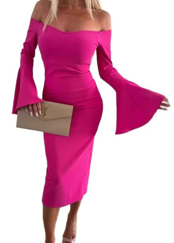 Slim Fit Apricot Slash Neck Cotton Dresses Flare Sleeve