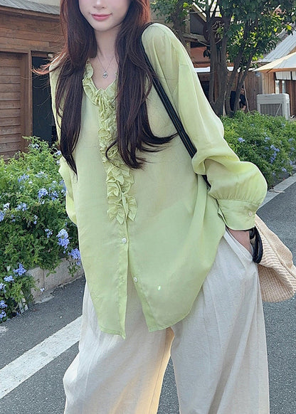 New Green V Neck Ruffled Patchwork Cotton Shirts Fall