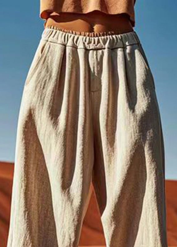 Linen Patchwork Elastic Waist Waist Wide Pants