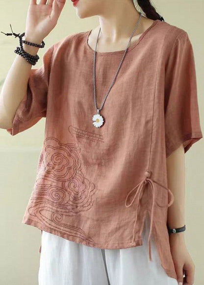 Classy Orange O-neck Embroidered Drawstring Low High Design Cotton Tops Short Sleeve