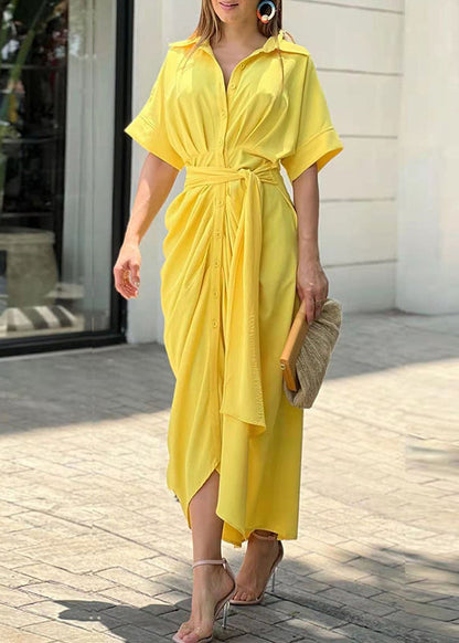 Yellow Peter Pan Collar Tie Waist Cotton Shirts Dress Summer