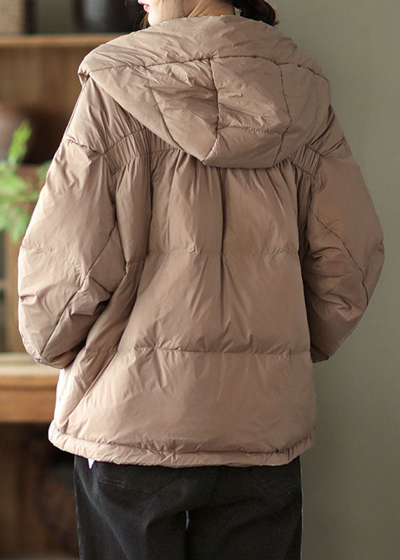 Khaki Hooded Zippered Pockets Loose Winter Down Coat
