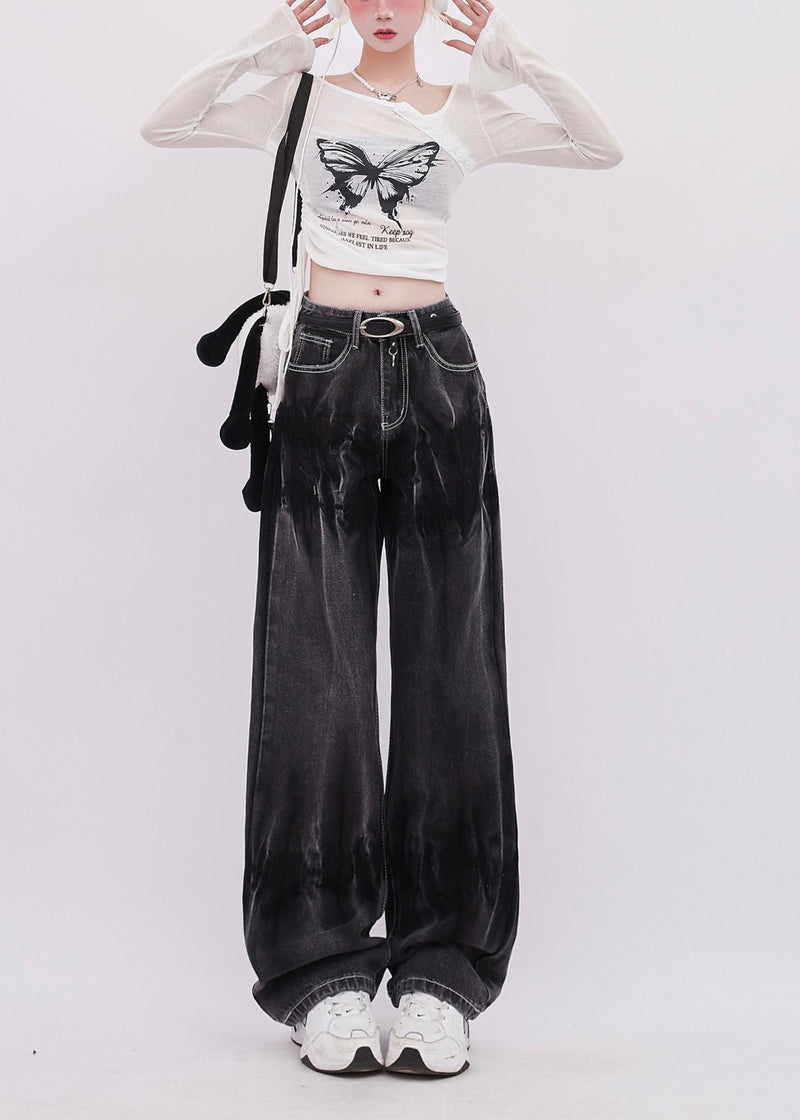 Black Tie Dye Denim Straight Pants Spring