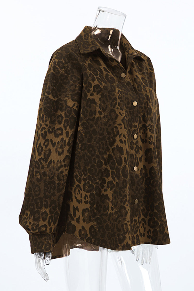 Street Leopard Print Buttons Turndown Collar Tops