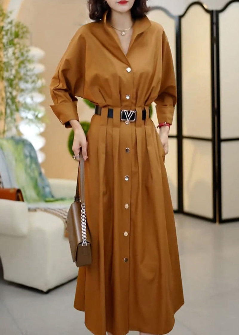Classy Coffee Peter Pan Collar Sashes Wrinkled Cotton Dresses Fall