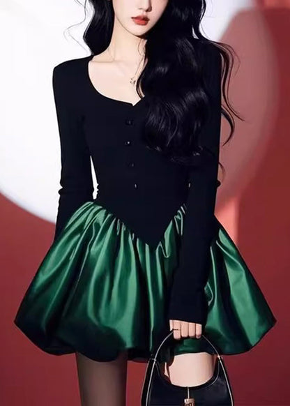 Black Patchwork Green O-neck Mid Dress Spring