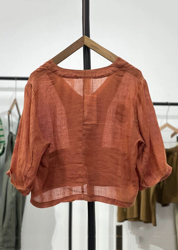 Orange Button Pockets Linen Cardigan Spring