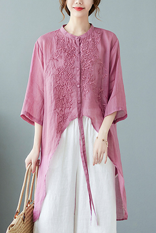 Summer Embroidered Loose Long Top Half Sleeve Ramie Shirt