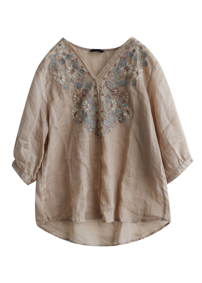 Khaki Embroidered Lace Patchwork Linen Shirt Top Half Sleeve