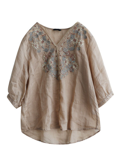 Khaki Embroidered Lace Patchwork Linen Shirt Top Half Sleeve