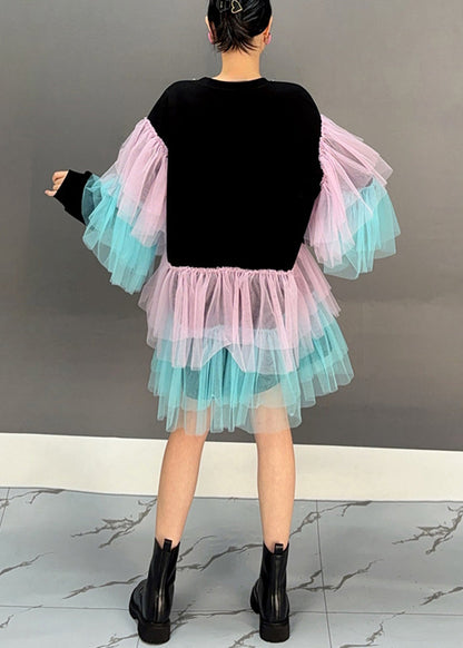 Black O Neck Tulle Patchwork Cotton Mid Dress Fall
