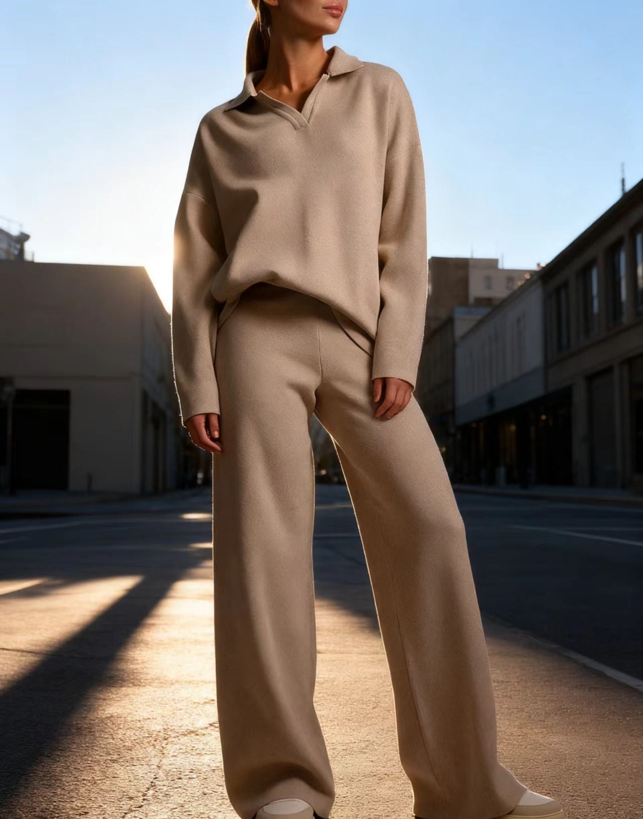 Modern Khaki Sweaters and Wide Leg Pants Knit Two-piece Set Winter