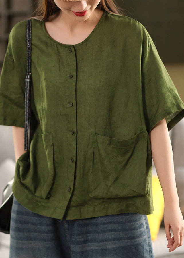Rose O Neck Button Pockets Linen Shirt Tops Summer