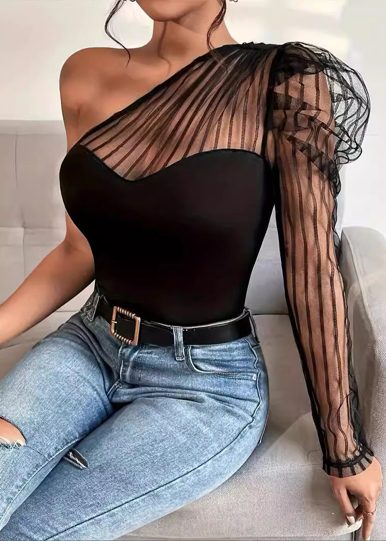 Summer Tulle Patchwork One Shoulder Long Sleeved T-shirt Top