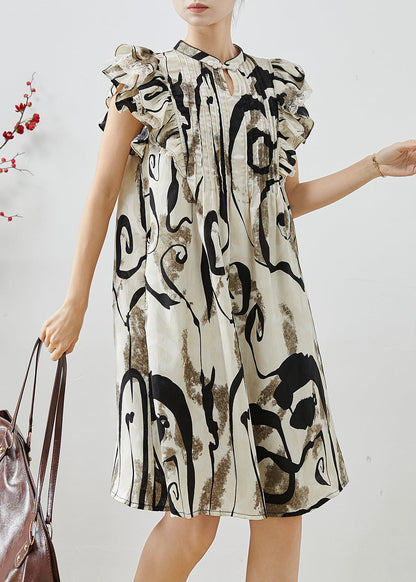 Print Wrinkled Chiffon Mid Dress Butterfly Sleeve