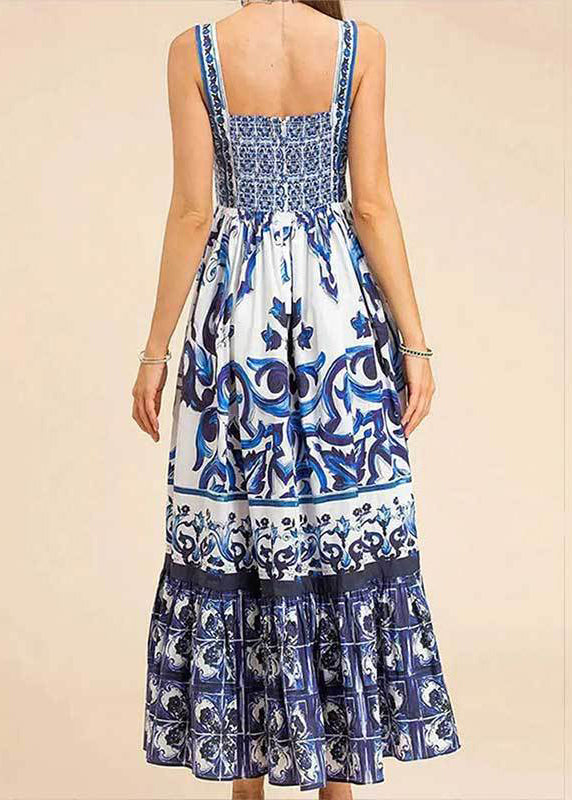 Rose Print High Waist Cotton Spaghetti Strap Dress Sleeveless