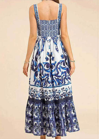 Rose Print High Waist Cotton Spaghetti Strap Dress Sleeveless