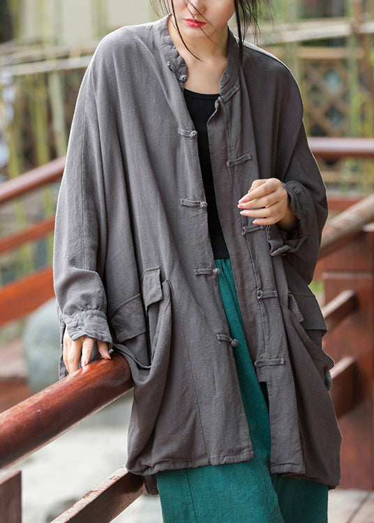 Grey Pockets Linen Coats Stand Collar Fall
