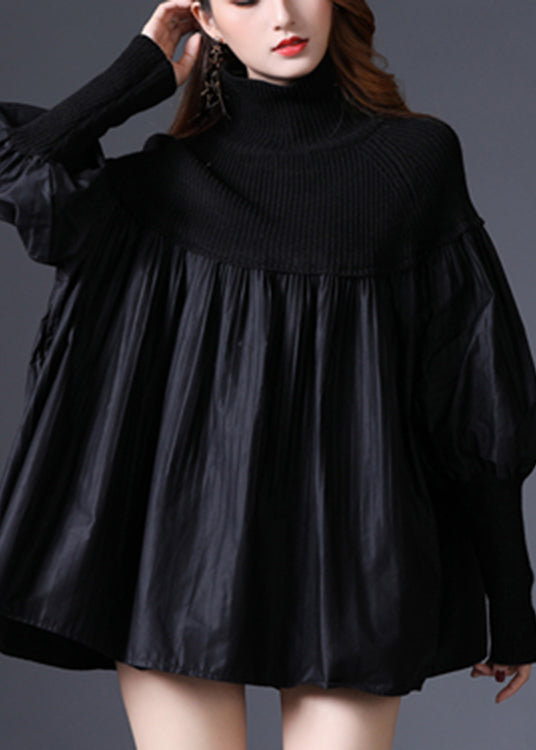 Black Turtleneck Knit Patchwork Cotton Sweater Long Sleeve