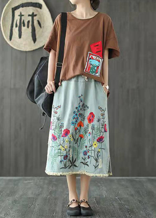 Dark Blue Embroidered Tasseled a Line Summer Skirts Denim