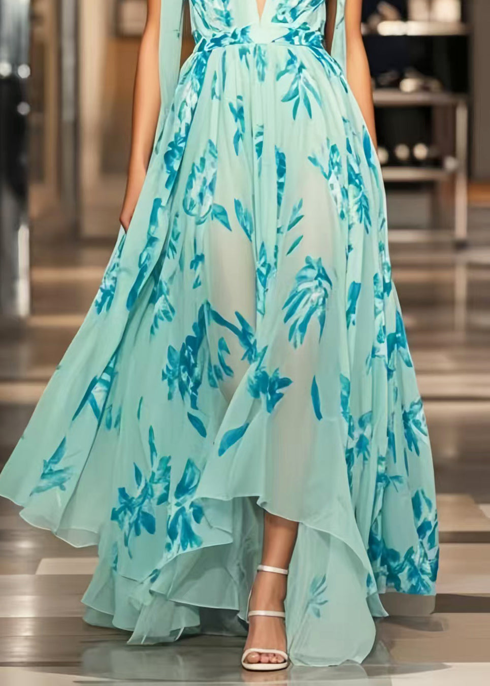 Light Blue Print Exra Large Hem Chiffon Sundress Summer