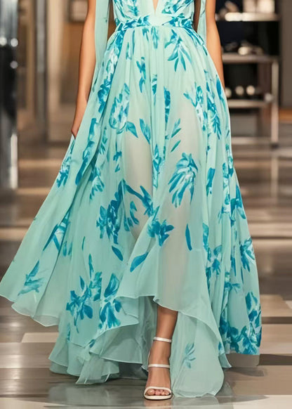 Light Blue Print Exra Large Hem Chiffon Sundress Summer