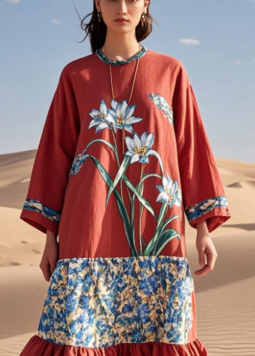 French Red Patchwork Ruffled Cotton Long Dresses Fall
