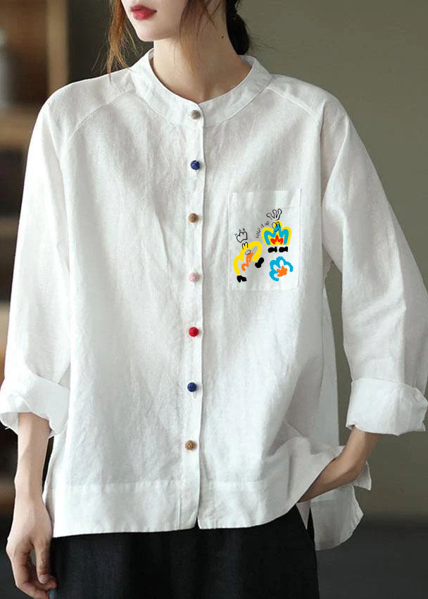 Modern White-love Pattern Loose Patchwork Pockets Fall Long Sleeve Blouse Top