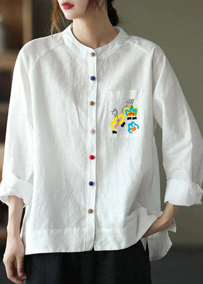 Modern White-love Pattern Loose Patchwork Pockets Fall Long Sleeve Blouse Top