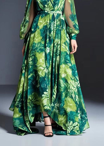 Green V Neck Print Chiffon Dresses Fall