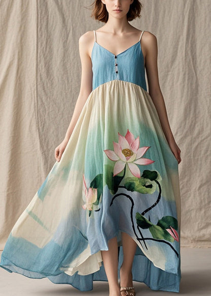 Tie Dye Lotus Print Cotton Spaghetti Strap Dress Summer