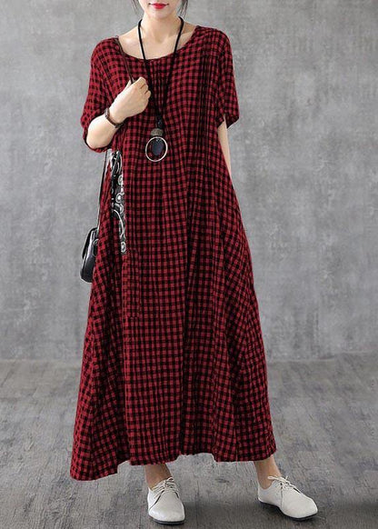 Blue Plaid Linen Dresses Summer Cotton Dress