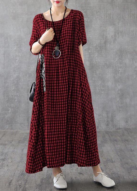 Red Plaid Linen Dresses Summer Long Cotton Dress Maxi Gown