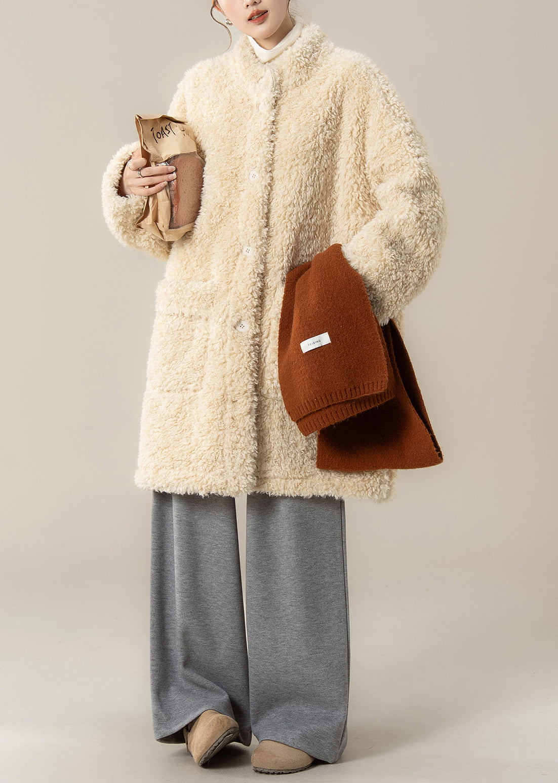 Apricot Stand Collar Pockets Teddy Coat Winter