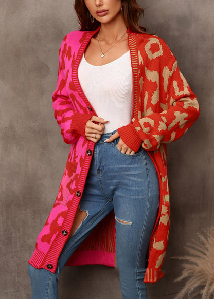 Red Leopard Print Patchwork Knit Loose Cardigan Fall