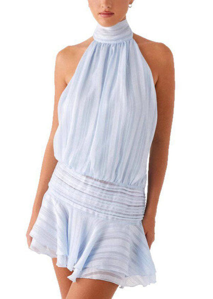 Beige Backless Patchwork Silk Dress Sleeveless