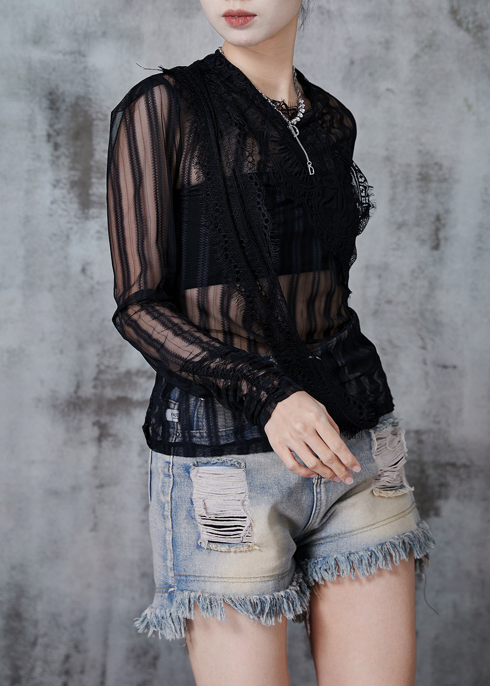 Black Asymmetrical Patchwork Tulle Eyelash Tops Fall