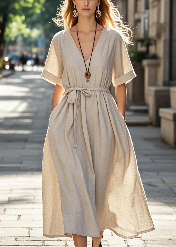 Apricot Tie Waist Cotton Long Dresses Summer