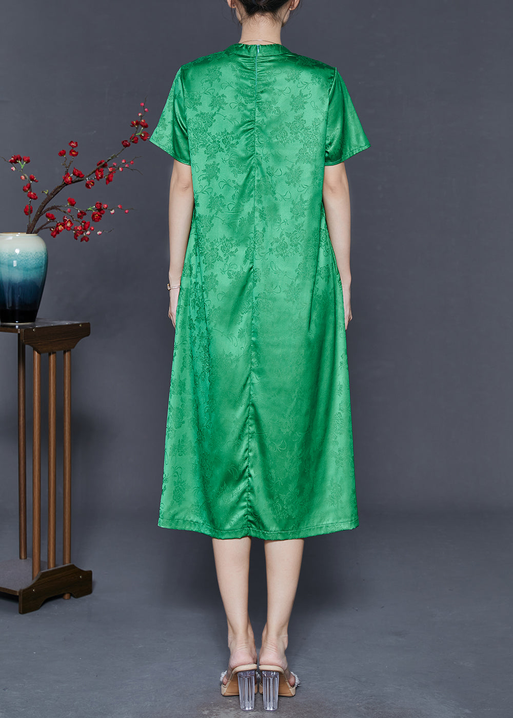 Fine Grass Green Tasseled Print Silk Dresses Summer