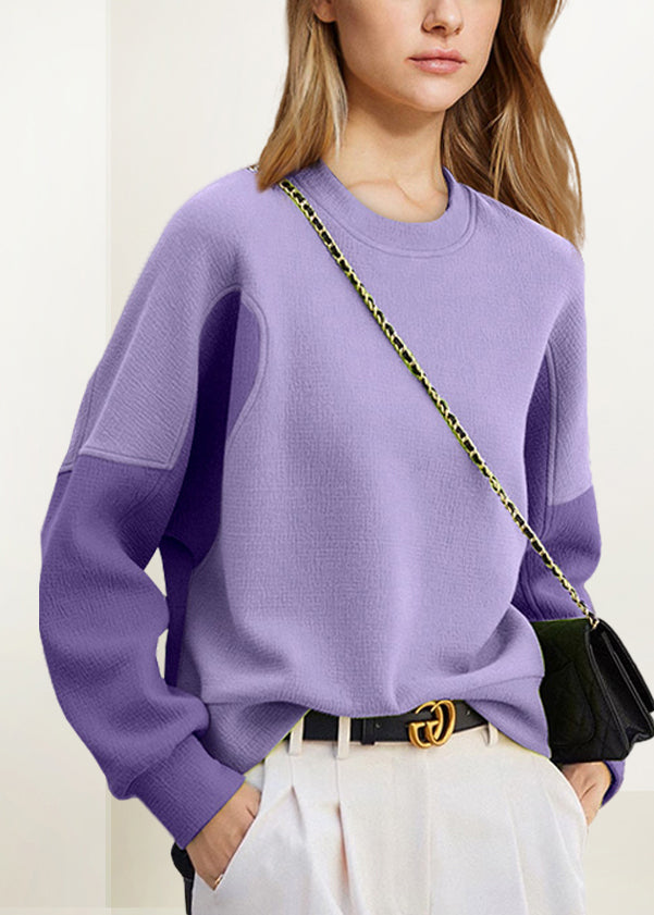 Purple O Neck Patchwork Cotton Sweatshirt Fall