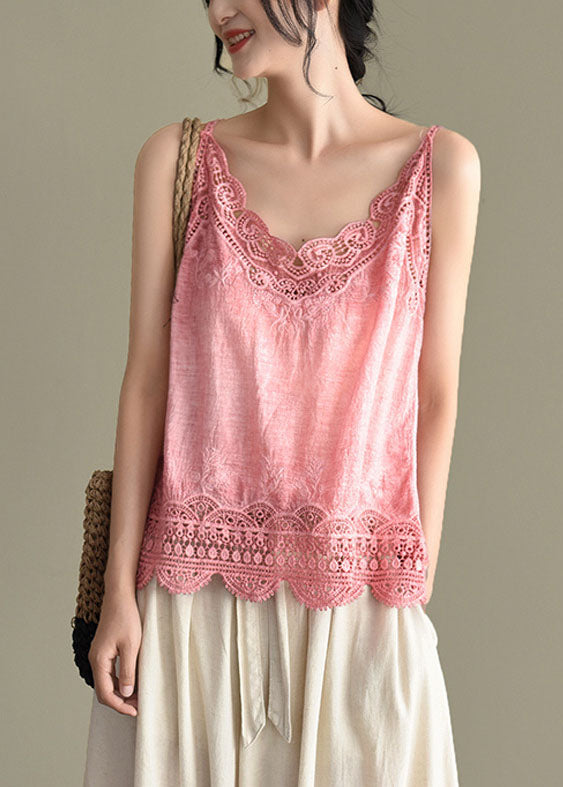 Pink Original Design Embroidered Cotton Spaghetti Strap Tops Summer