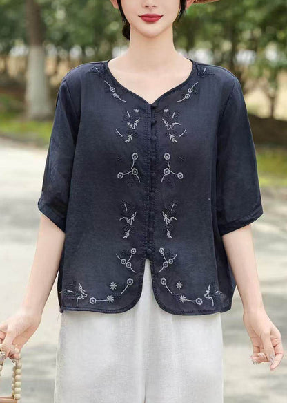 New Retro Yellow Embroidered Linen Top Summer