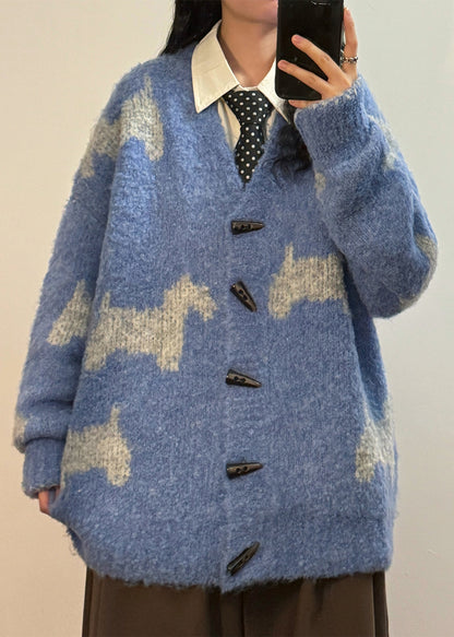 Blue V Neck Button Little Horse Knit Coats Spring