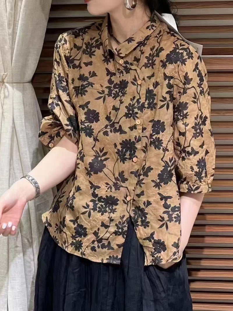 Summer Flower Slant Button-up Ramie Shirt
